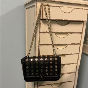 Victoria's Secret Black & Gold Chain Shoulder Bag adjustable w/ makeup mirror